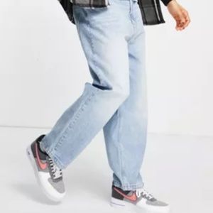 Bershka Wide Leg Balloon Fit Jeans In Mid Blue